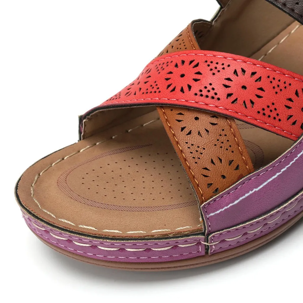 

2020 Summer Women Premium Orthopedic Open Toe Sandals Vintage Slip Breathable Leather Casual Female Platform Retro Shoes