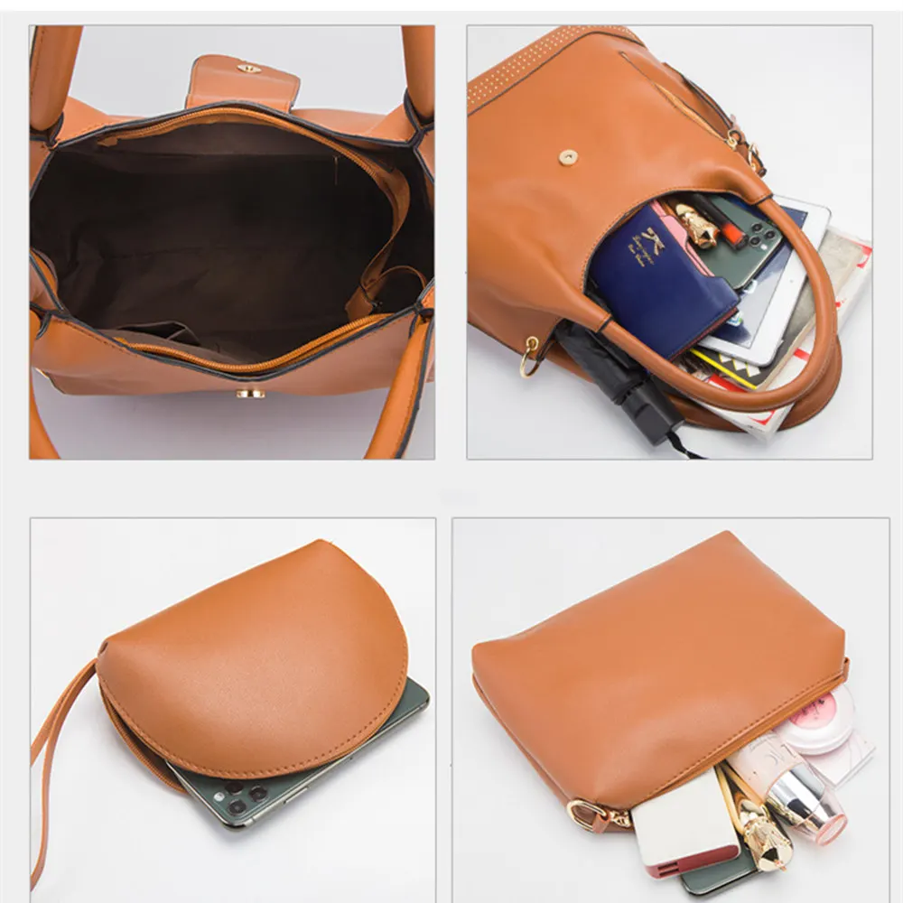 

Trendy leather ladies bag retro hand-painted 3 pieces one set messenger crescent-shaped travel bag 2021