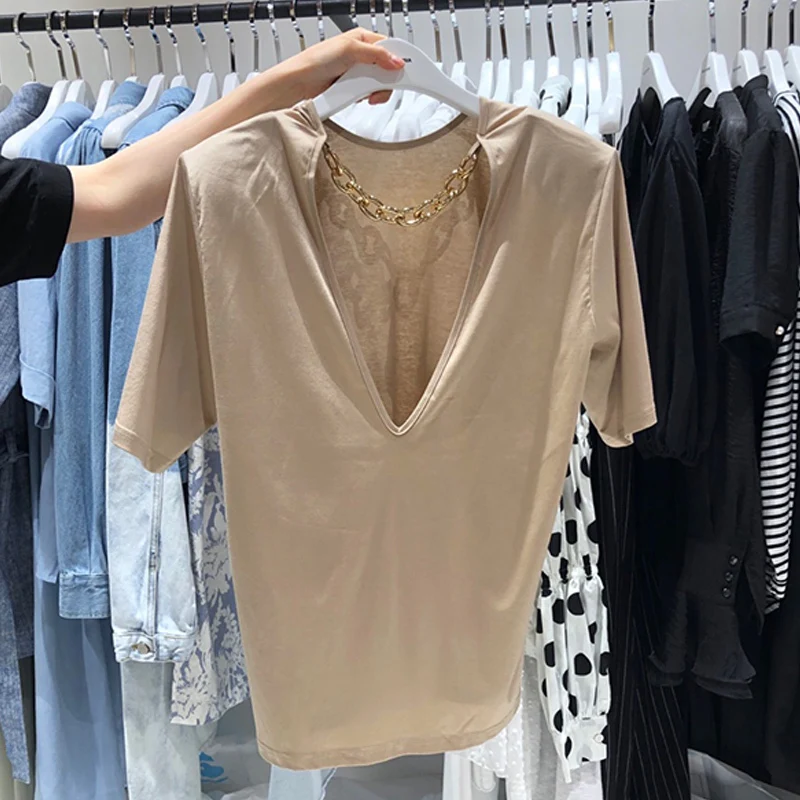 Дизайн 2021 тяжелая металлическая цепочка V-образный вырез однотонная эластичная