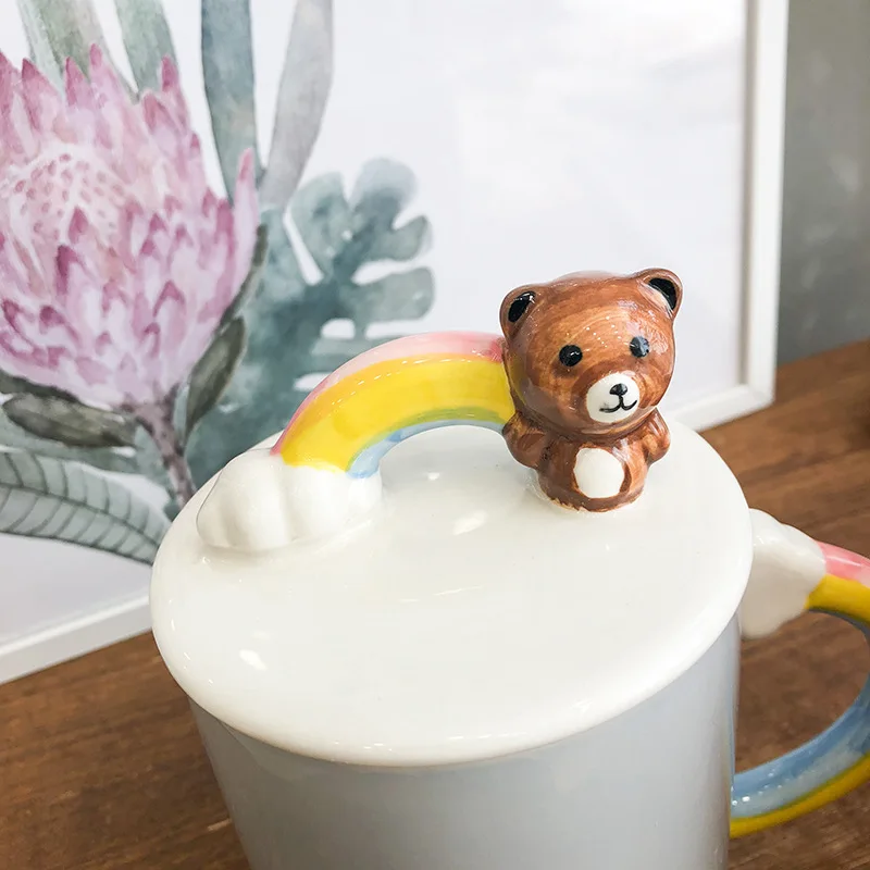 Кофейная кружка в Корейском стиле с радужным мультяшным медведем 400 мл
