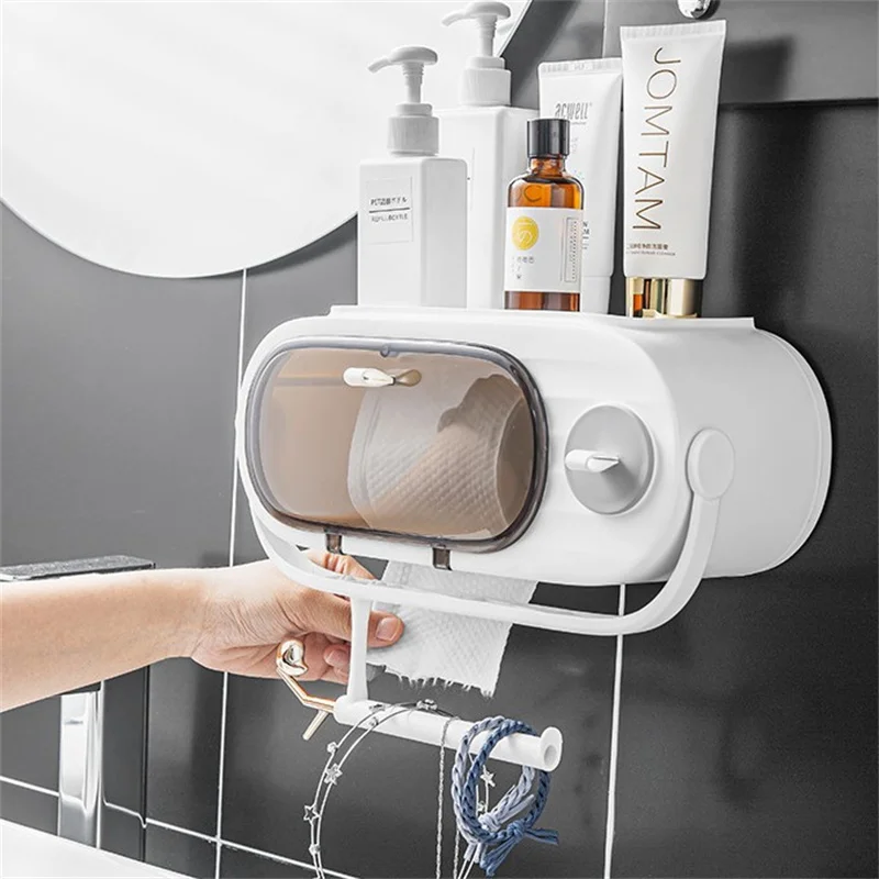 

Wall-mounted Punch-free Tissue Holder Durable Toilet Shelf Radio Net Waterproof Toilet Paper Roll Holder Bathroom Storage