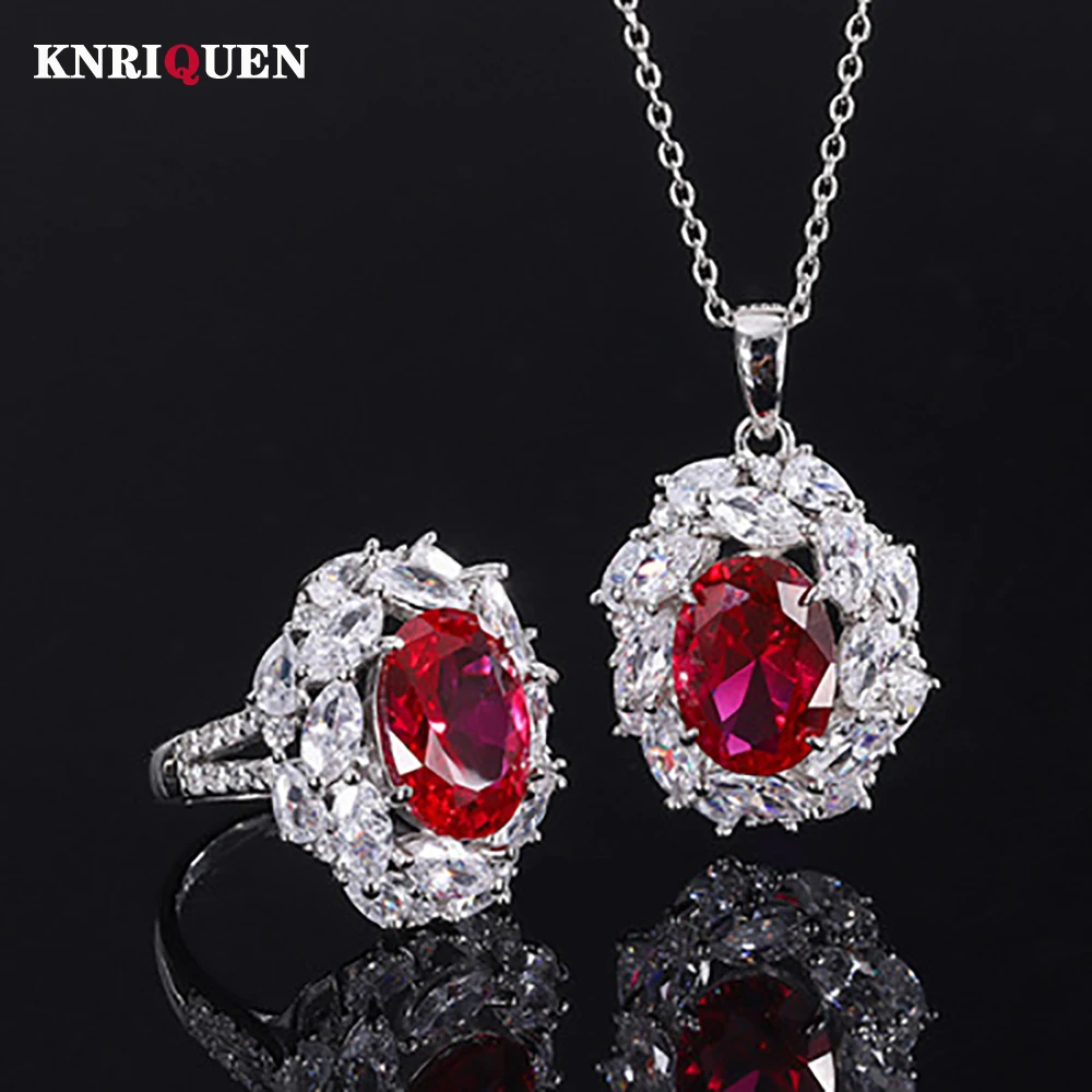 

2021 Trend 925 Sterling Silver Wedding Jewelry Sets for Women Charms 10*14mm Ruby Gemstone Pendant Necklace Engagement Ring Gift
