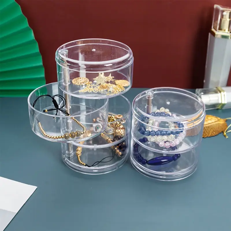 

2/3Layers Rotating Jewelry Storage Box Makeup Organizer Transparent Bracelet Earrings Plastic Display Rack Jewelry Dust-proof