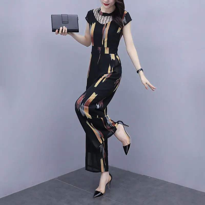 

Chiffon Printing Short Sleeve Playsuit Women Vintage Wide Leg Pants 2021 Summer Clothes Female Rompers Womens Jumpsuits Y411