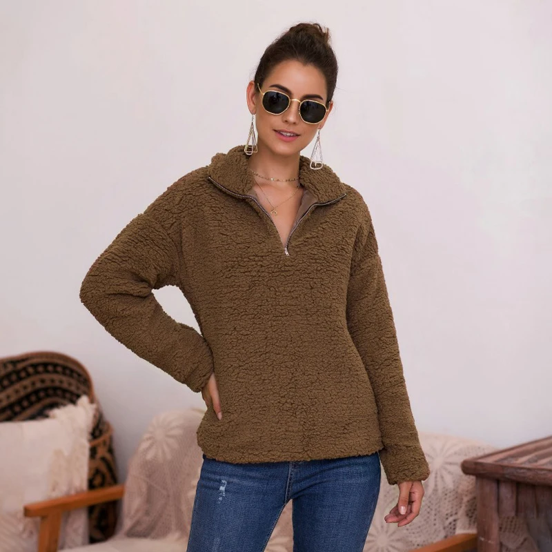 Женские теплые однотонные топы с длинными рукавами на молнии флисовая толстовка