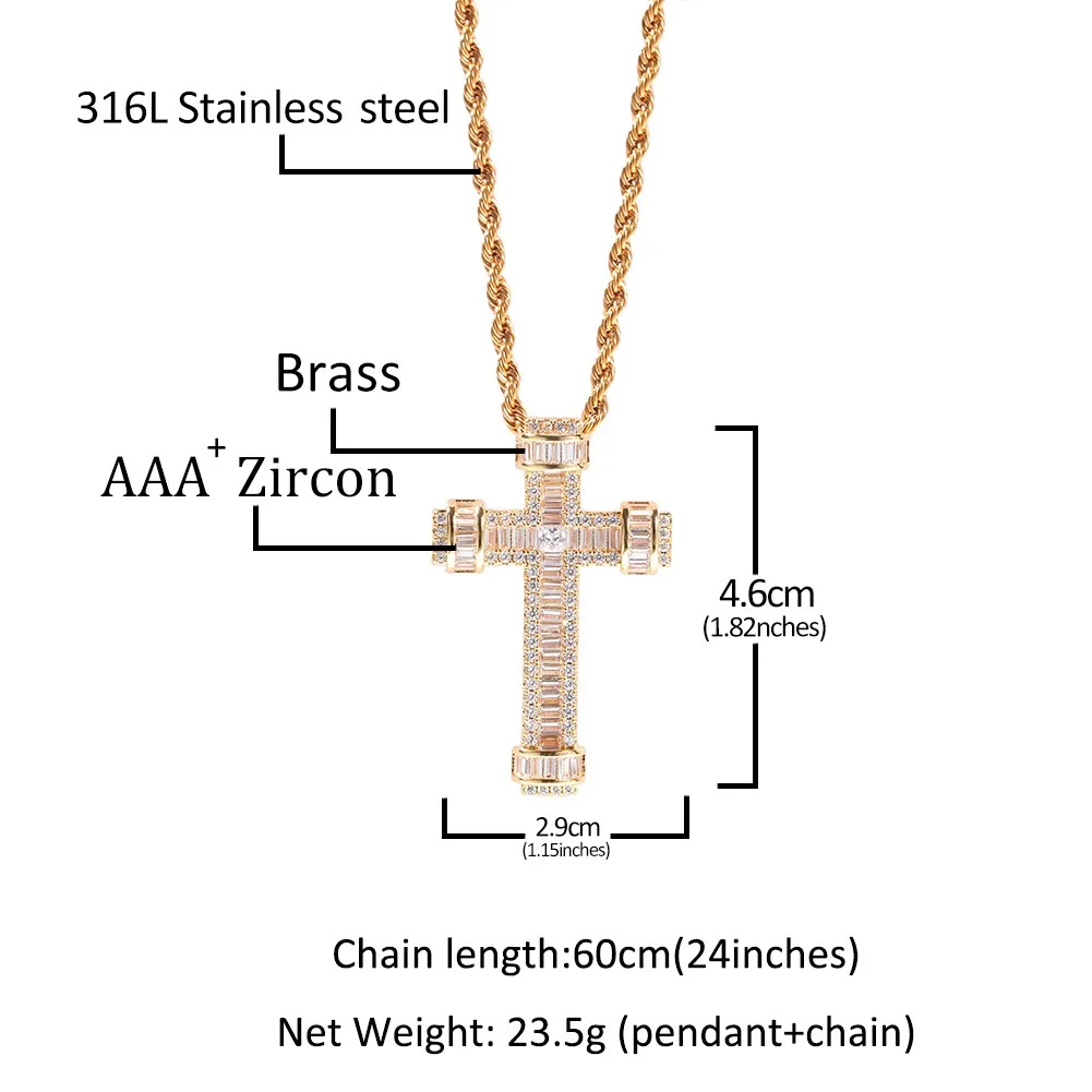 

Baguette Zircon Cross Pendant Chain Necklace For Women Cute Iced Out CZ Stone With Tennis Chain Hip Hop Jewelry On The Neck