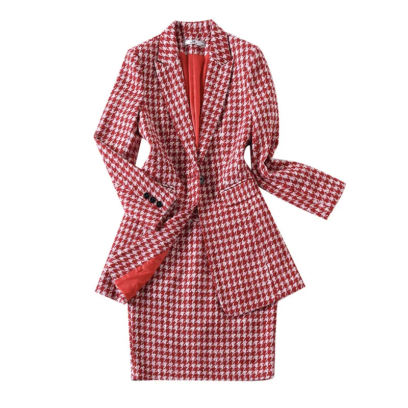 

IZICFLY New Style Winter Thick Red Women Long Blazer and Skirt Suit Office Business Outwear For Work 2 Piece Set Windbreaker