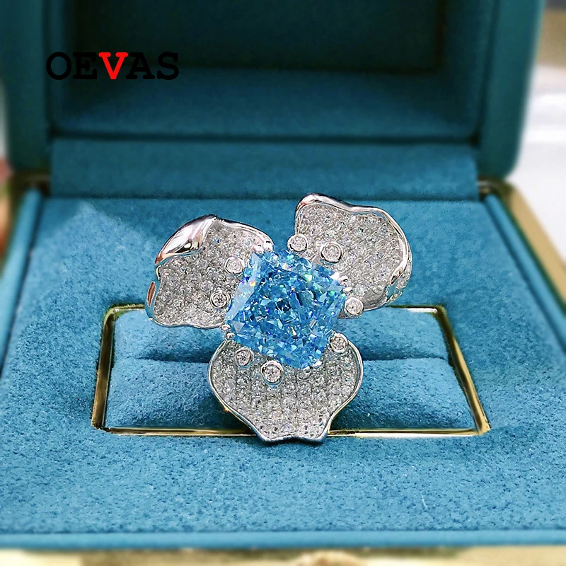 

OEVAS 100% 925 Sterling Silver 10*10mm Aquamarine High Carbon Diamond Radient Cut Flower Rings For Women Sparkling Fine Jewelry
