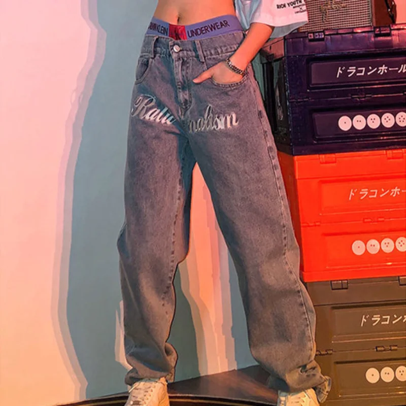Embroidered jeans women's 2021 spring and autumn new high-waisted straight wide-leg jeans fashion brand hip-hop casual trous