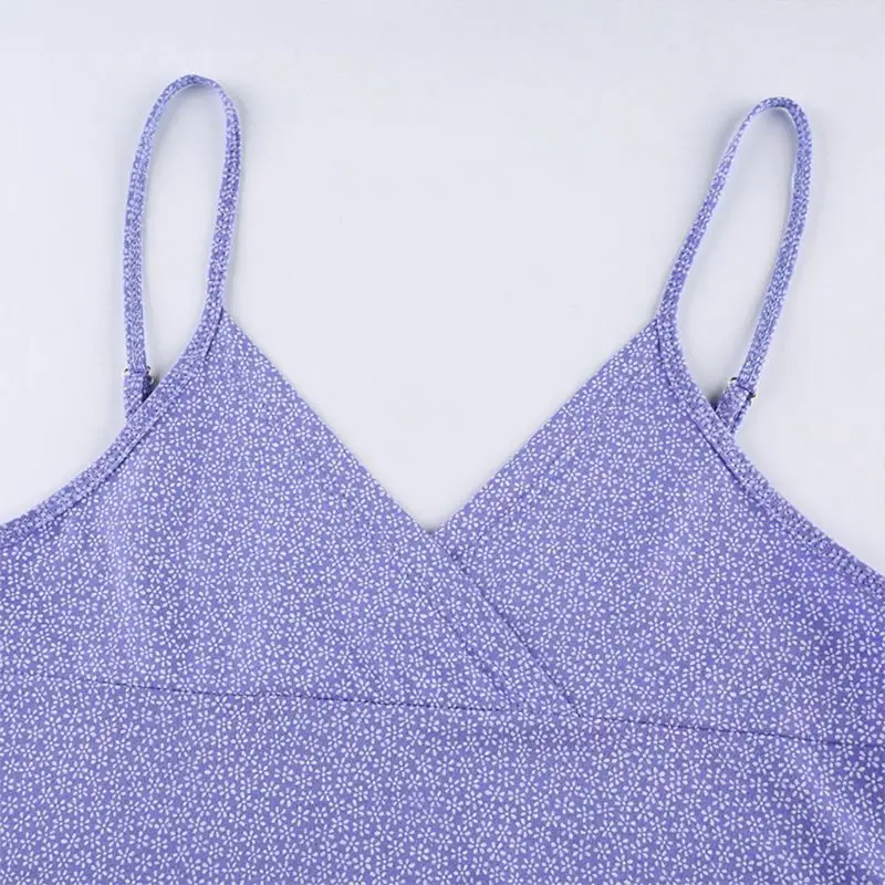 

Women Spaghetti Strap Mini Slim Dress Purple Floral Sexy V-Neck Sling Clubwear