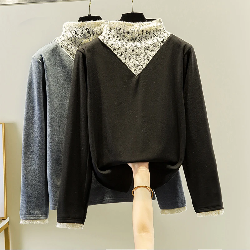 

Женская Толстая блузка с длинным рукавом, Черная кружевная блузка в Корейском стиле, осень 2021
