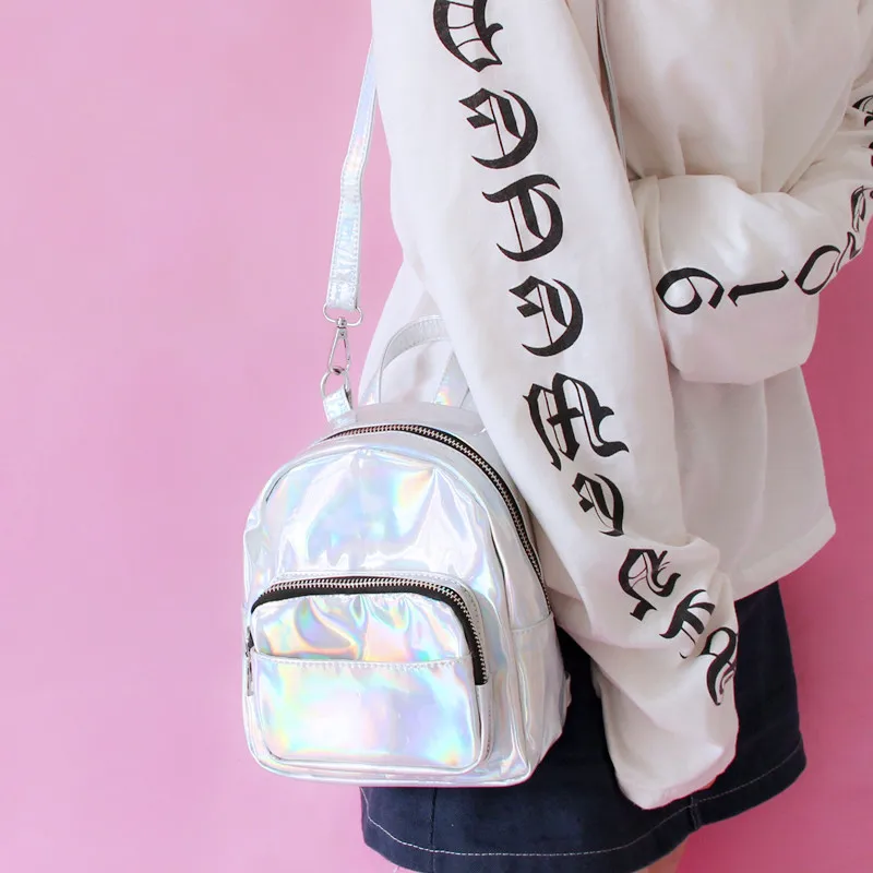 Фото Маленькие дорожные сумки для женщин серебристый рюкзак с лазерной печатью