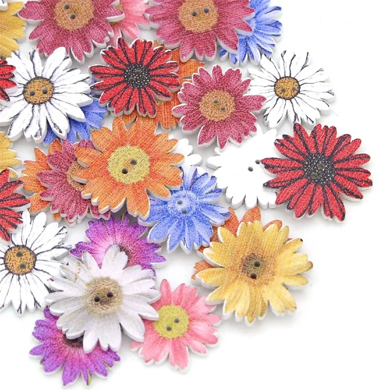 

50/100PCS 25MM Random Mixed Chrysanthemum Button 2 Holes Wooden Buttons Decorative Scrapbooking Craft For Scrapbook Accessories