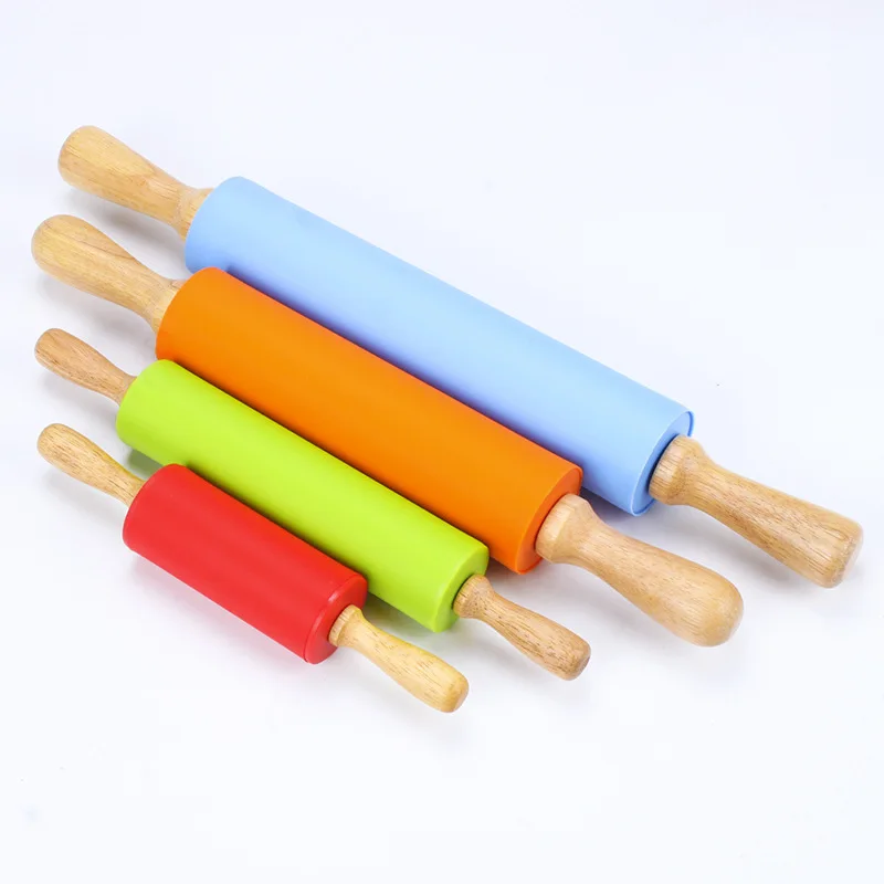 

Non-Stick Silicone Rolling Pin Wooden Handle Pastry Dough Flour Roller Kitchen Cooking Baking Tool For Pasta Cookie Dough