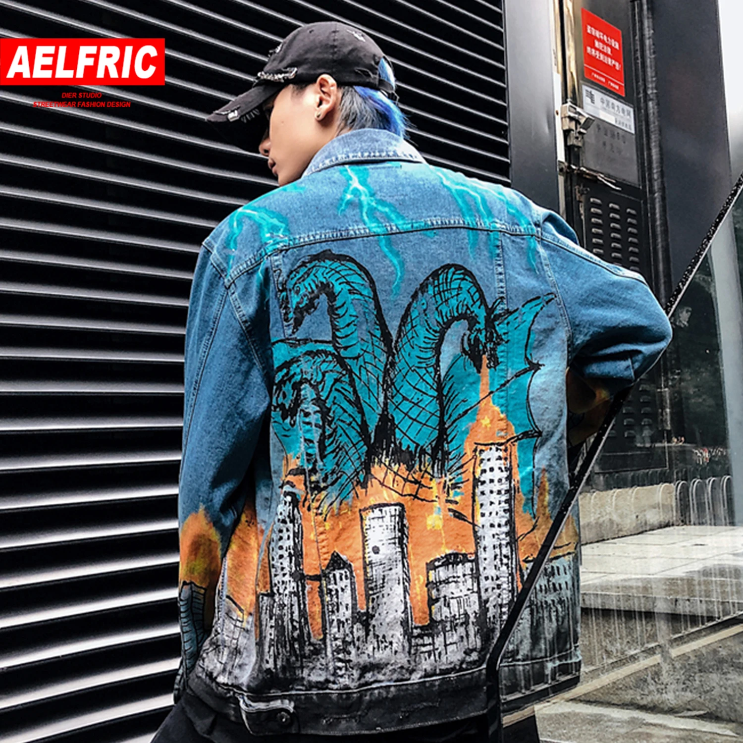 AELFRIC Модные Винтажные городские принты мужские джинсовые куртки Harajuku мода хип хоп повседневная мужская верхняя одежда уличный сверхразмерный пальто