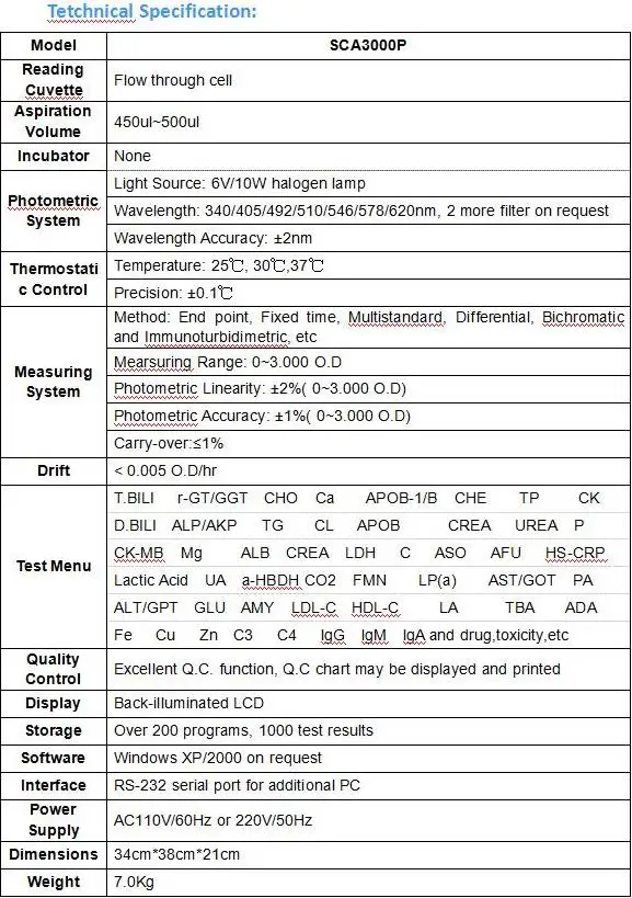 

SCA3000M Medical blood testing equipment Semi-auto Chemistry Analyzer