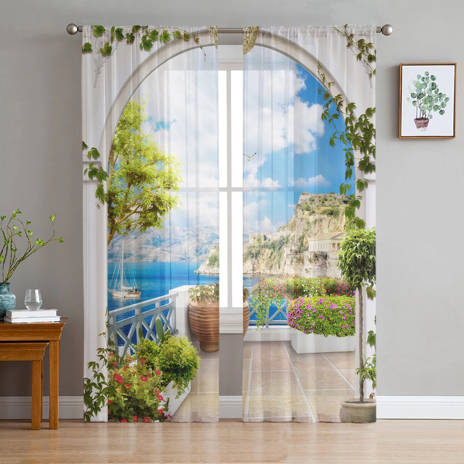 Garden Building Seaside Flowers Sheer Tulle Window Curtains For Living Room Bedroom Kitchen Veiling Curtain Home Decoration
