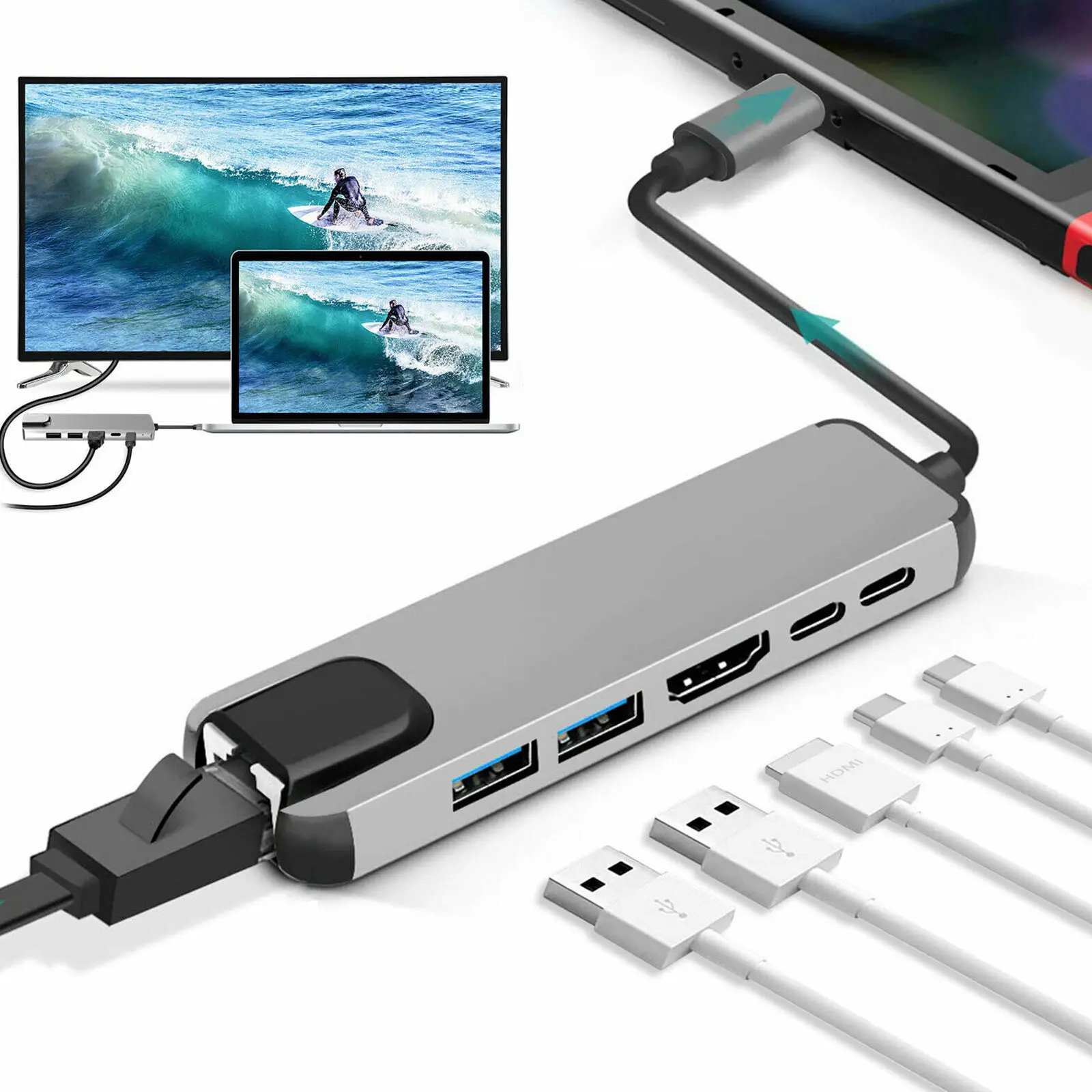 

USB 3.1 HUB Type C to HDMI-compatible RJ45 PD USB 3.0 Multi Adapter Dock Accessories Type C Splitter 6 Port HUB for MacBook Pro