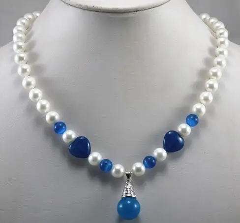 

Бесплатная доставка, украшения новейшего дизайна! Оптовая/розничная продажа, ожерелье из белого жемчуга 8 мм с голубым нефритом + подвеска из голубого нефрита