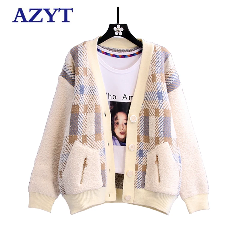 

AZYT балетки из овечьей шерсти, из кусков, женский свитер кардиган 2021 осень-зима утепленные вязать кардиган для женщин зимняя куртка свободно...