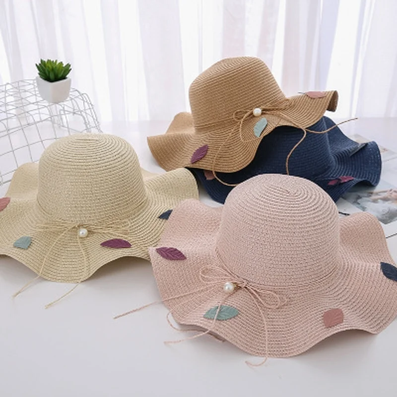 

Women Hats Big Wide Brim Straw Hat Pearl Beach Sun Cap Outdoor Sun Bow Hat Summer Holiday Travel Cap