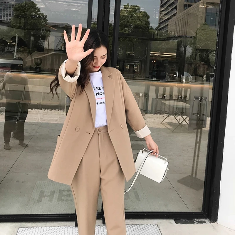 

Luck A 2021 Casual Solid Women Pant Suits Notched Collar Blazer Jacket & Pencil Pant Khaki Female Suit Autumn Spring Suits