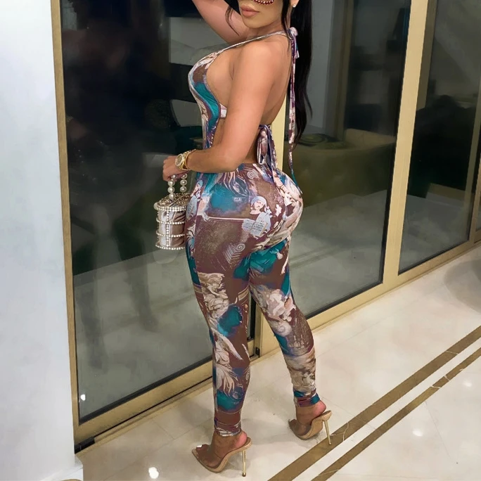 

Women Fashion Angel Print Jumpsuits Summer V Neck Bandage Bodycon Romper Sexy Club Vintage Jumpsuit Female Body Suits