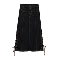 2022 black single breasted long denim skirt women autumn korean casual high waist pockets vintage lady solid a line jeans skirt