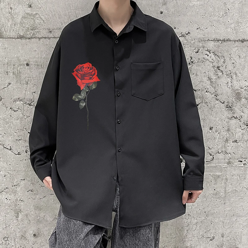 

Red Rose Print Long Sleeve Shirts for Men Fashion Trend Party Dress Clothing Male Punk Streetwear Teens Plus Size Button Blouses