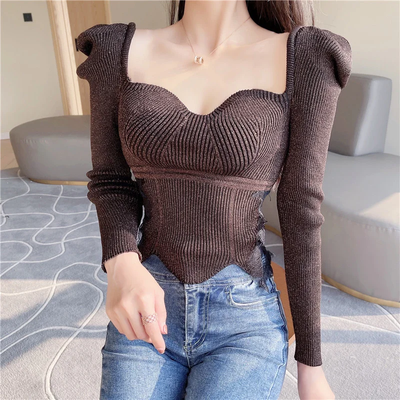 

Осенний популярный сексуальный эластичный свитер для девушек с квадратным вырезом и рукавами-фонариками