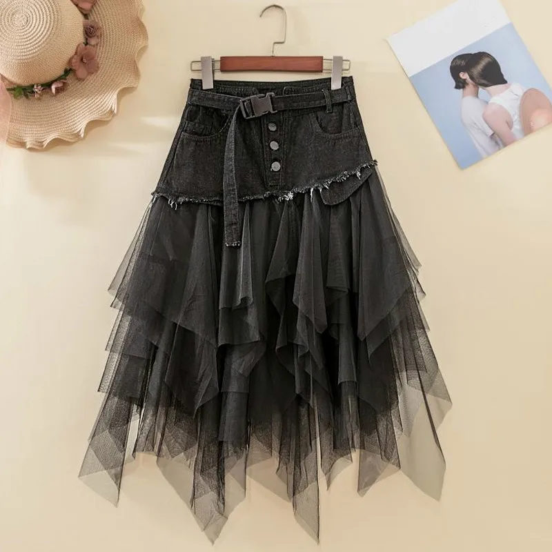 Summer Denim Jeans Skirt Women irregular High Waisted Tulle Skirts Mesh Patchwork Pockets Pleated Mid-Calf Tutu Street 2021 | Женская