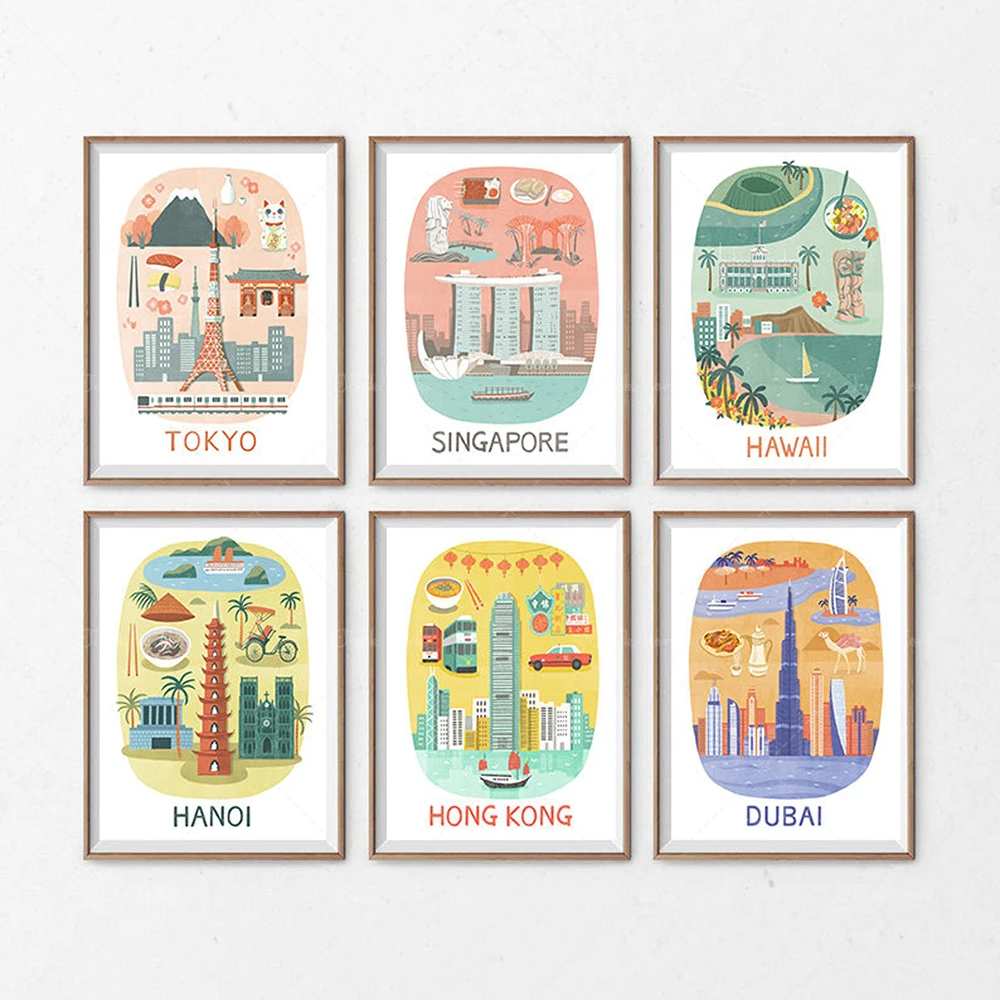 

Asian World Travel Poster, Tokyo Hong kong Hanoi Singapore Dubai Hawaii City Art Map Art, Travel Gallery Wall Souvenir Poster