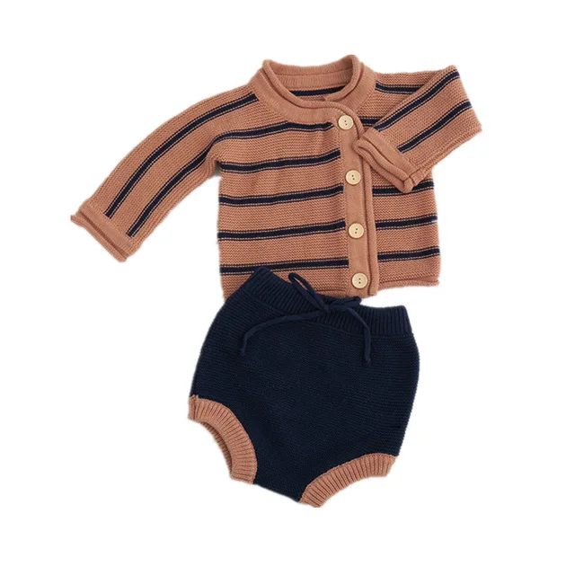 brown striped Новинка; милая одежда для малышей; сезон весна-осень; Хлопковый вязаный кардиган для маленьких мальчиков и девочек; пальто и шорты; комплект одежды из 2 предметов; B155 - Цвет: brown striped
