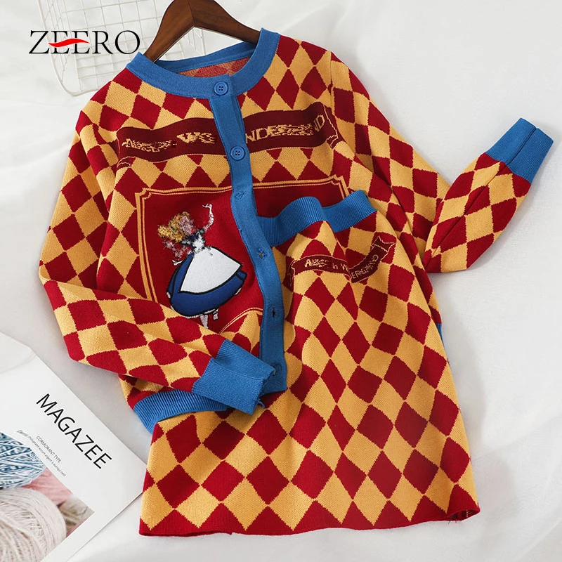 Женский Осенний вязаный комплект из 2 предметов в клетку свитер на одной пуговице