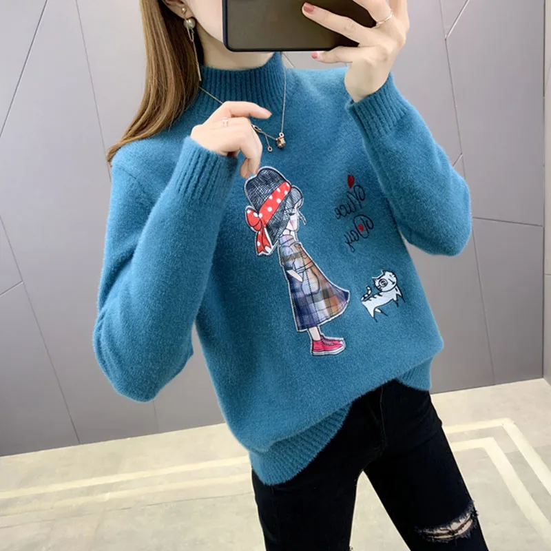 

Женские вязаные пуловеры из искусственного меха норки, свитеры, повседневные теплые женские зимние пуловеры с длинным рукавом и высоким во...