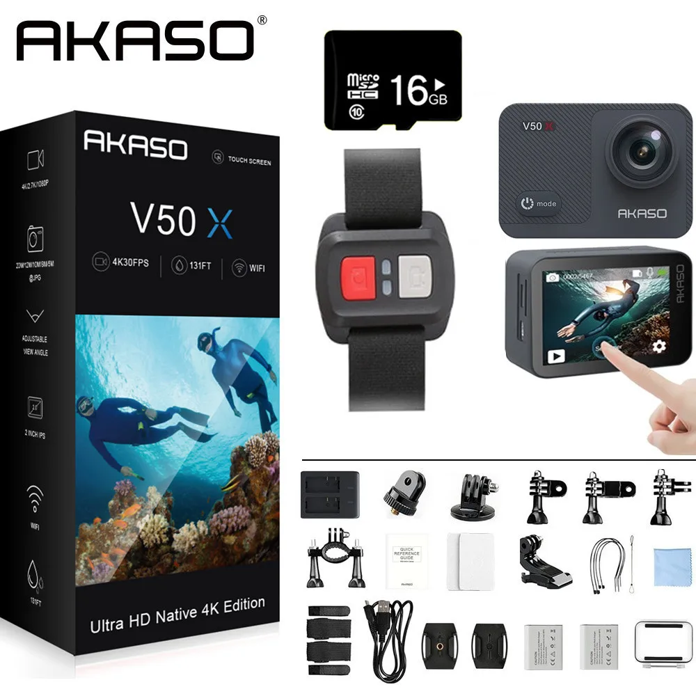 AKASO V50X Native 4K30fps WiFi Экшн-камера с сенсорным экраном EIS 4X Zoom 131 футов