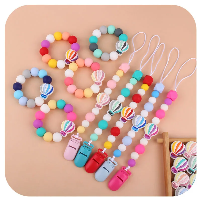 Kissteether-mordedores de silicona de grado alimenticio, conjunto de 2 unids/set de globos de aire caliente, pulsera y chupete de dentici&oacute;n, Clips de cadena-2