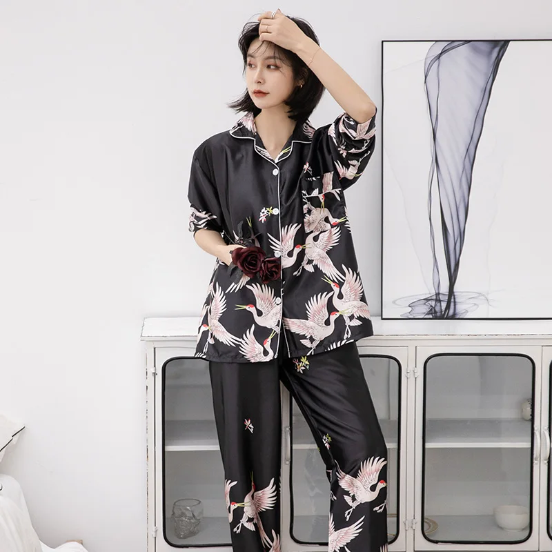 Пижама женская шелковая атласная пижама пижамный комплект с длинным рукавом