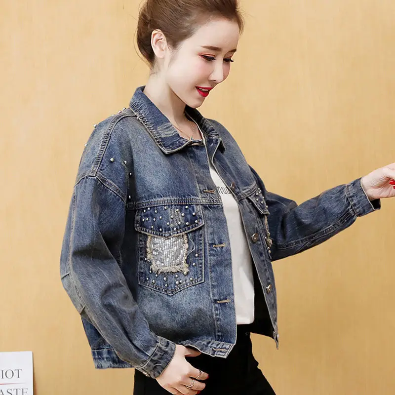 

Autumn Women Rivet Turn-down Collar Casual Short Jeans Outerwear Ladies Loose Jeans Jacket Vintage Full Sleeve Denim Jacket Z573