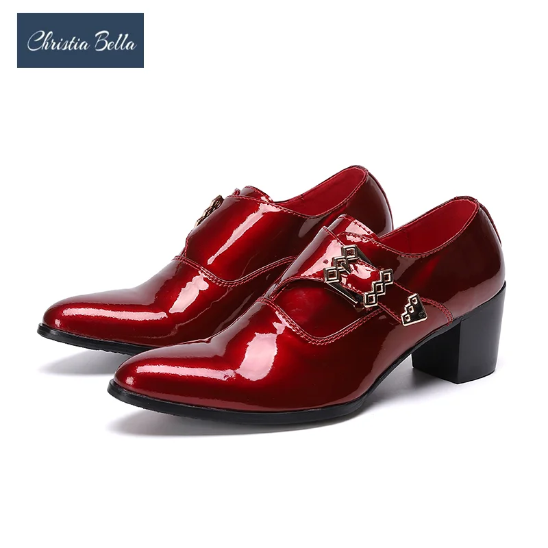 

Christia Bella Sparkling Red Patent Leather Men Dress Shoes Fashion High Heel Man Party Shoes Buckle Nightclub Prom Oxford Shoes