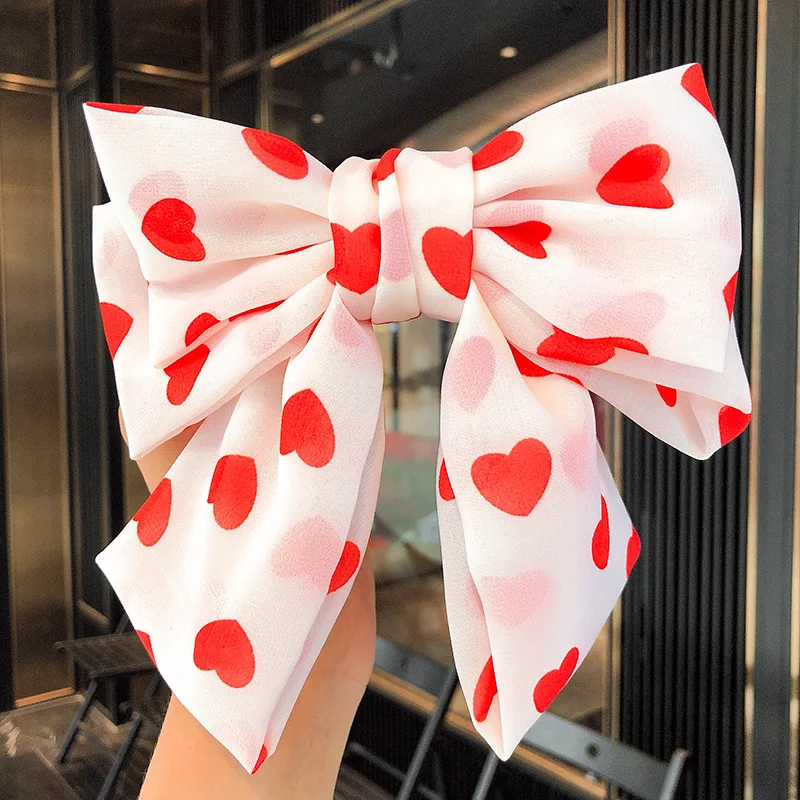 

Cheer Bows Large Chiffon Bowknot Hairpins For Girls Kids Heart Print Stack Hair Bows With Spring Clips Fashion Hair Accessories
