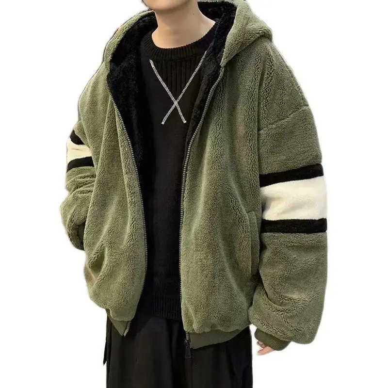 2021 Daily Casual Winter Lamb Wool Men Coat Thick Sweatshirt Harajuku Stitching Green Apricot Keep Warm Zipper Pullover Male New
