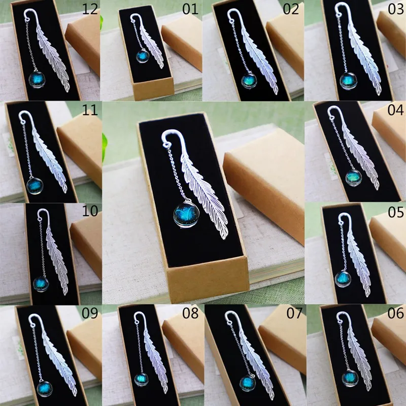 

12 Constellations Luminous Bookmark Vintage Feather Reading Mark Metal Book Clip Hanging Book Keeper Holder For Students