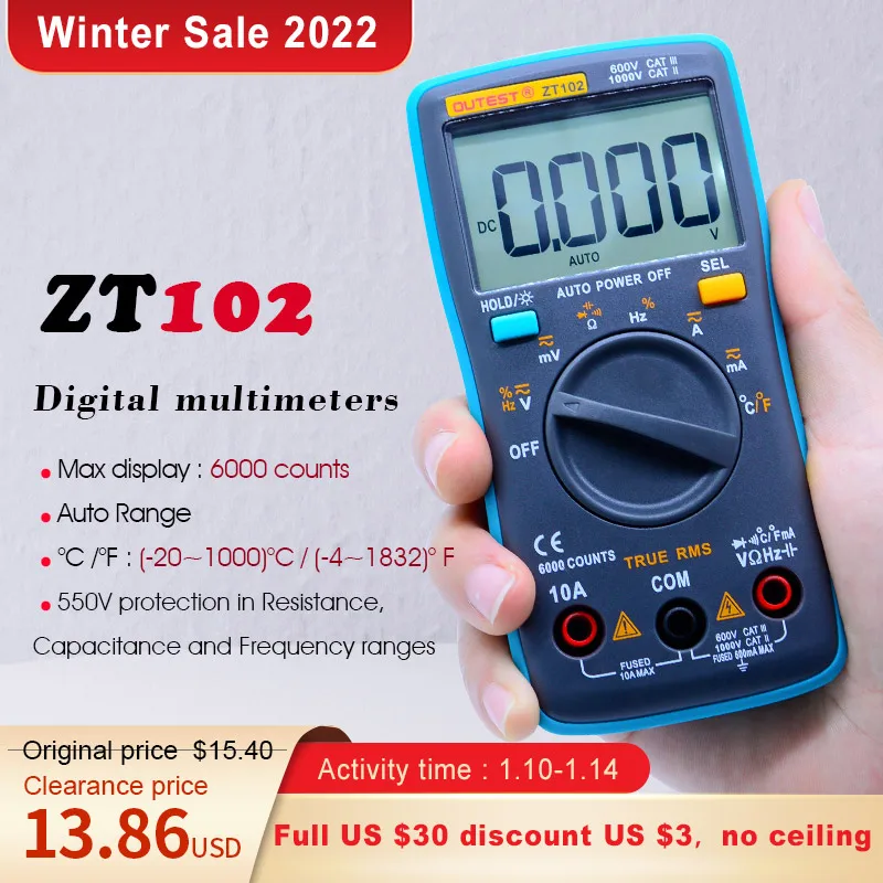 

OUTEST ZT102 цифровой мультиметр, истинный RMS переменный/постоянный ток напряжение температура Ом Частота Диод Сопротивление Емкость Multimetro