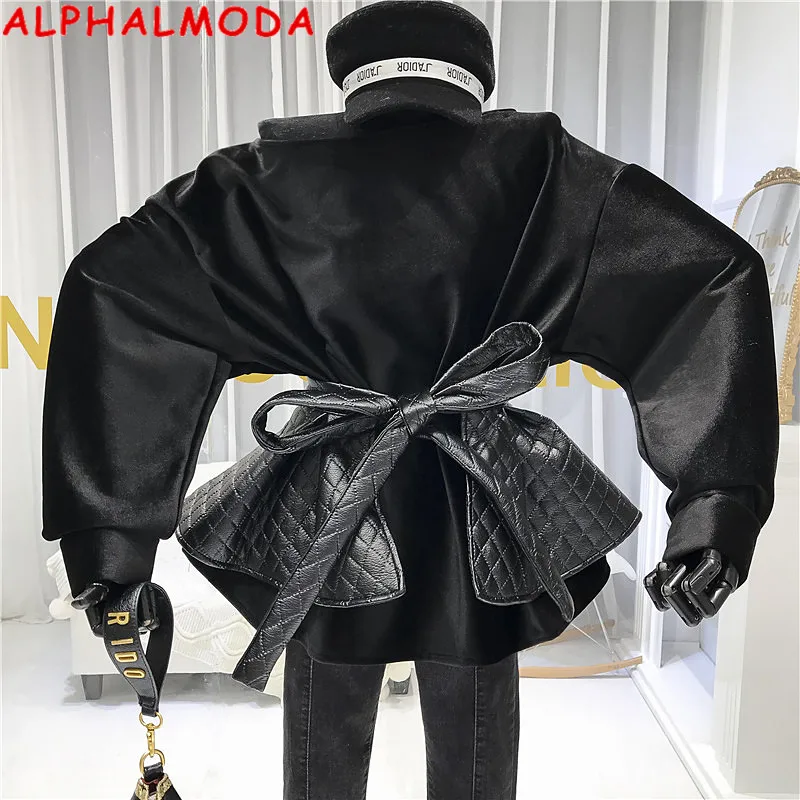 Женская бархатная футболка ALPHALMODA свободная рубашка с длинным рукавом и оборками