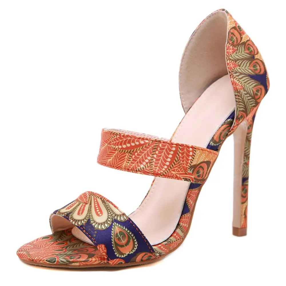 

Plus Size 42 Peacock Pattern Shallow Peep Toe Women's Sandals Stiletto High Heels Casual Women's Shoes Sandales Femmes NIUFUNI