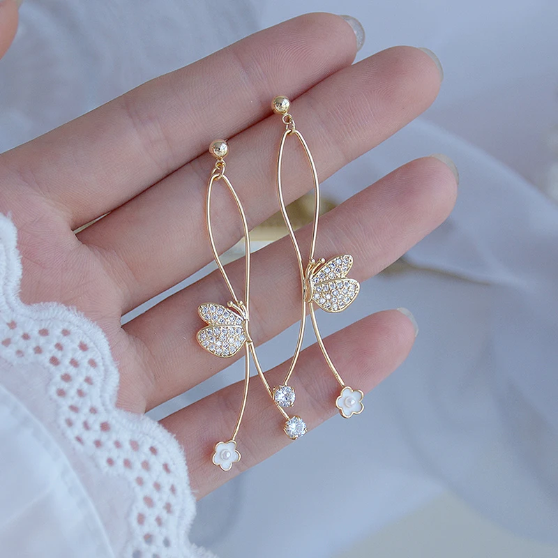 

YDL Hot Sale Long Style Butterfly Earrings Elegant Flower Inlaid Zircon Stainless Ringen Feminia Jewelry Pendant Accessories