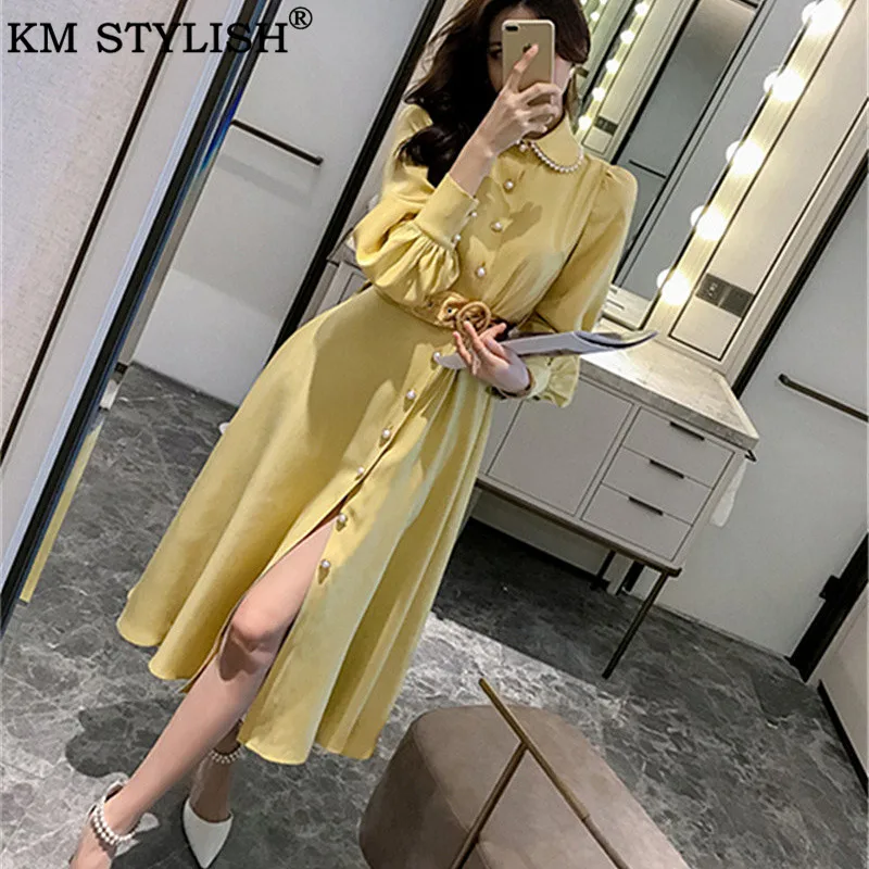 

Female Yellow Beaded Full Dress Autumn New 2019 Korean Women's Lantern Sleeve Single-Breasted Split Long Dress with Velvet Belt