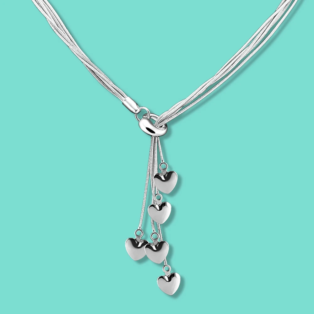 Мода 925 Серебряное ожерелье для женщин с кисточками сердце подвеска цепочка