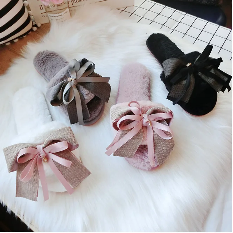 SP &amp CITY/пушистые тапочки ручной работы с пятнами и бантом женские зимние мягкие